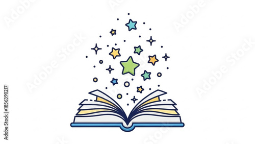 Open book with colorful stars and sparkles rising from the pages, symbolizing knowledge, magic, and inspiration in a whimsical illustration