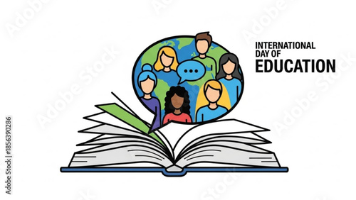 International day of education, diverse people learning together globally, book and earth with speech bubbles, symbolizing knowledge sharing and unity