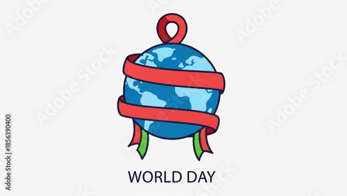Earth wrapped in red ribbon symbolizing world day awareness and unity