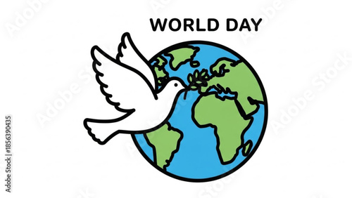 World day dove flying around globe with olive branch in beak symbolizing peace and unity on earth