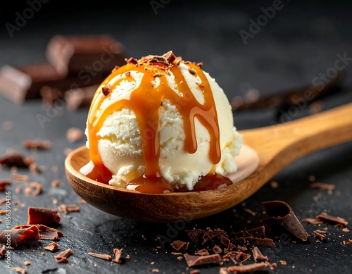 Vanilla ice cream ball on a wooden spoon with caramel and chocolate shavings
