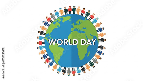 Diverse people standing around the globe on world day, unity and togetherness concept, illustration of a multicultural group, earth with text