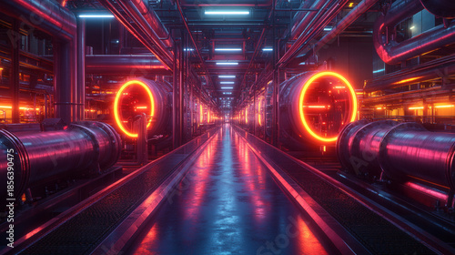 Create a neon lit depiction of a power plant
