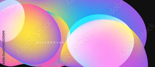Abstract colorful circles overlap, creating vibrant gradients. Background features smooth transitions between pink, yellow, blue hues. Modern design element.
