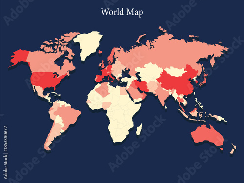 World map with color-coded regions global data visualization 