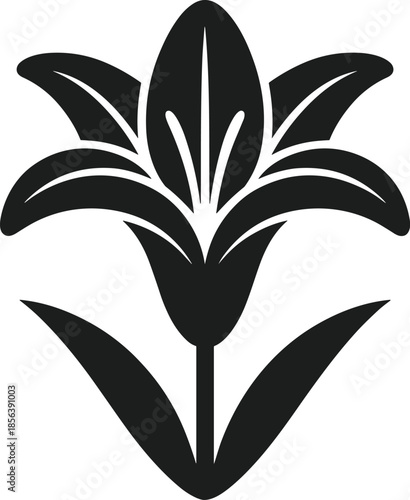 Black silhouette of an Easter Lily flower with green leaves and stem on a white background vector