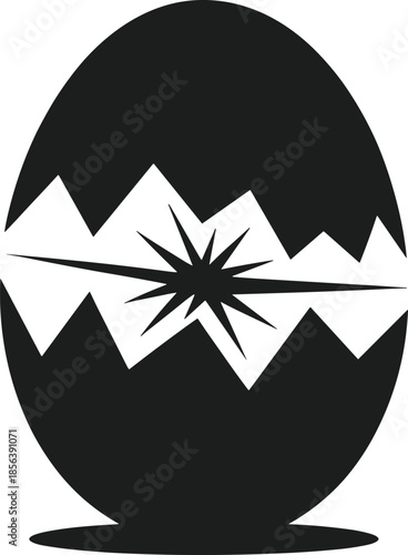 Black cracked egg silhouette with starburst explosion inside vector graphic broken