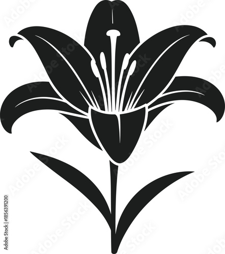 Black silhouette of a lily flower with two leaves on a white background vector
