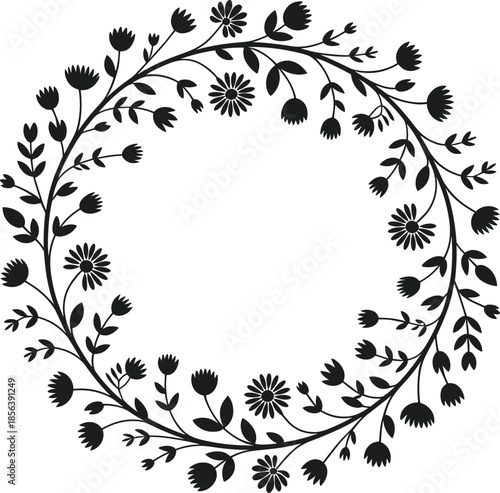 Black silhouette floral wreath with daisy and bud shapes white