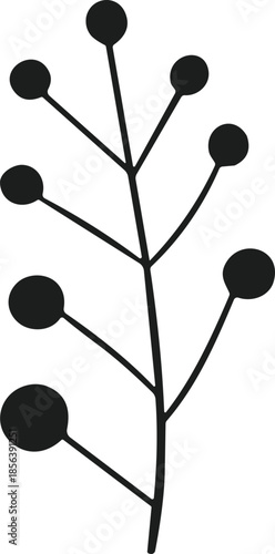 Black silhouette of a stylized botanical branch with round berries or buds berry