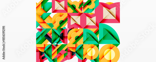 Abstract geometric composition. Colorful shapes overlap, creating dynamic visual texture. Bright hues dominate design.