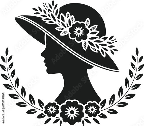 Black silhouette of a woman wearing a wide-brimmed hat adorned with flowers and leaves framed by laurel branches
