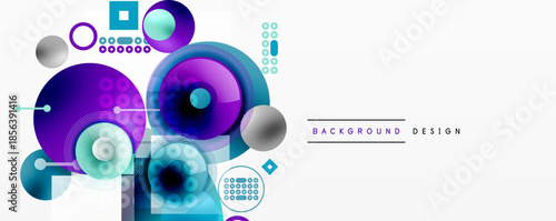 Abstract shapes, circles, squares overlap. Purple, blue hues dominate design. Modern, vibrant background element presented.