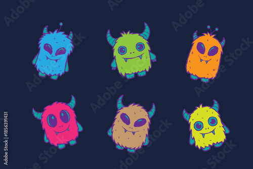Set of cute monster sticker collection, vector colorful doodle hand drawn spooky kids creature, funny fluffy smiling alien, naive baby horror humor illustration.