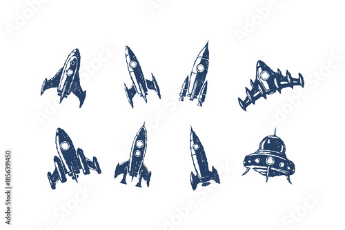 Set of rocket icon collection, vector hand drawn space ship silhouette collection sci-fi futuristic cosmic fighter plane. Alien fantasy travel spacecraft badge illustration