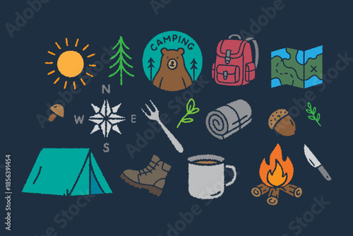Camping colorful doodle icon set, forest adventure hand drawn vector crayon style illustration, woodland hiking objects. kids outdoor activity adventure badge print