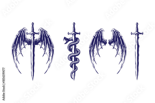 Set of fantasy sword engraving ink style, vector hand drawn dragon wings magic blade. Mystic legend snake print, spiritual medieval illustration, witchcraft tattoo sign