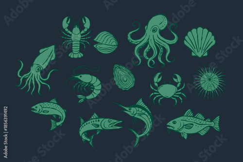 Vintage Marine Animals Seafood sticker Hand Drawn doodle Style Vector Set collection for Seafood Restaurant or Ocean Product Packaging