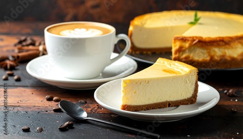 Delicious cheesecake with a cup of cappuccino on a rustic wooden table