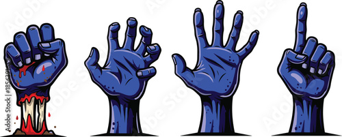 Blue zombie hands rising from ground illustration set, horror undead gesture collection, spooky Halloween apocalypse vector design for dark projects