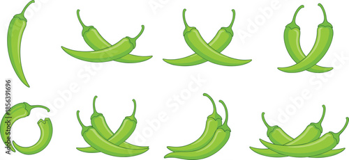 Green chili pepper illustration set, fresh spicy vegetable collection, organic food ingredient icons, healthy cooking vector design on white