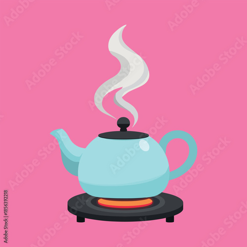 Hot Water Kettle Heating On Modern Stove With Steam Cartoon Style Vector