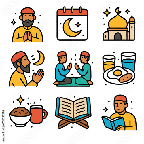 Ramadan icons featuring islamic symbols like prayers, fasting, mosque, and quran. Suitable for ramadan, eid, islamic events, and cultural designs.