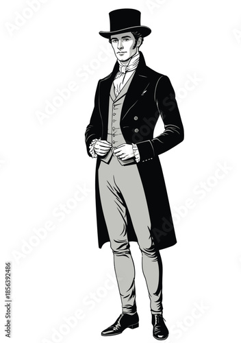 057-23-Male figure in a top hat and frock coat standing with hands on waistcoat