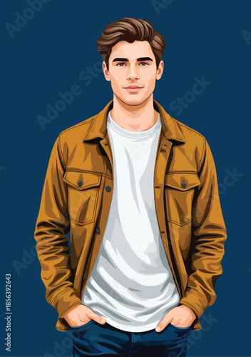 057-26-Young man standing with hands in pockets, looking directly at viewer with confidence