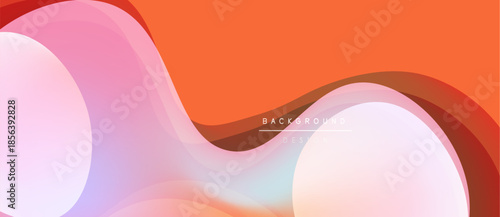 Abstract fluid shapes blend, creating vibrant orange, pink, blue gradients. Modern design suggests movement, energy, soft textures.