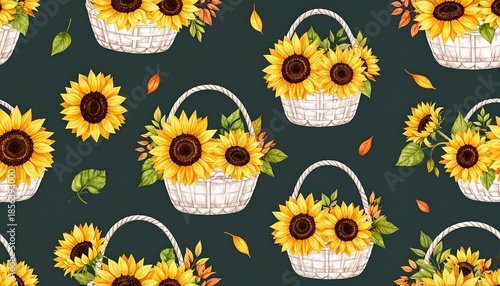 Charming seamless pattern showcasing sunflowers in baskets on a dark background