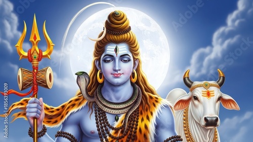 Lord Shiva with Trishul and Nandi - Hindu God of Destruction and Trans