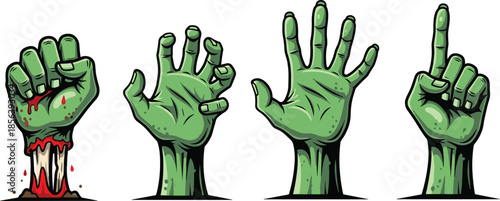 Green zombie hands rising from ground illustration set, horror undead gesture collection, spooky Halloween apocalypse vector design for dark projects