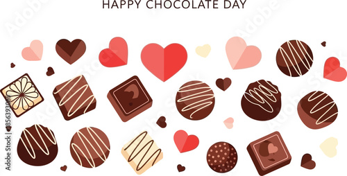 chocolate candies and hearts on white background