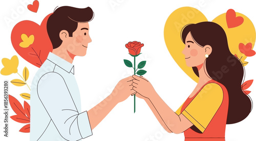 man giving a rose to a woman with hearts and flowers