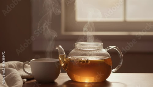 Steaming teapot and cup on tabletop with window in background