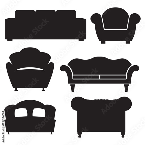 Collection of black silhouette icons featuring various styles of sofas, couches, and comfortable armchairs