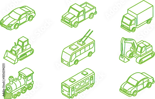 Isometric transport vehicle icons illustration set, green outline cars trucks bus train construction machines, modern transportation vector collection