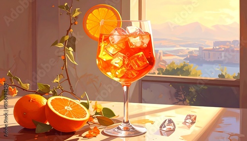 Charming Spritz Cocktail Illustration Overlooking a Serene Vista at Sunset