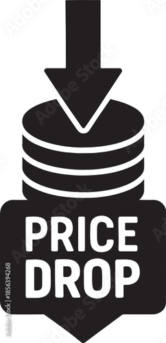Coin stack pierced by downward arrow representing price drop, depreciation, and cost reduction, bold vector EPS.