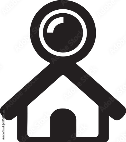 Camera lens over house roof representing property monitoring, surveillance, and security, bold vector EPS.