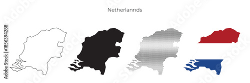 Netherlands map illustration set with outline, solid silhouette, dotted style, and national flag.