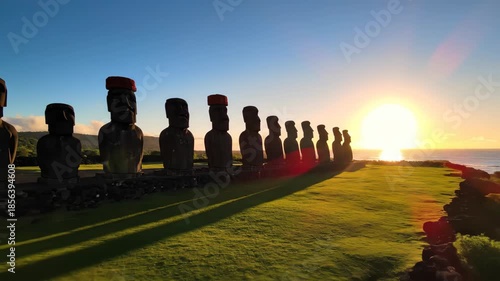 Moai statues at sunset