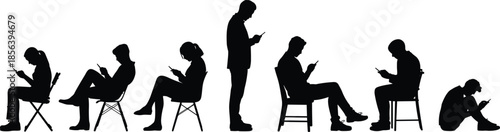 Black silhouettes of diverse people sitting and standing while using smartphones, highlighting digital addiction, social media usage, and modern mobile technology.