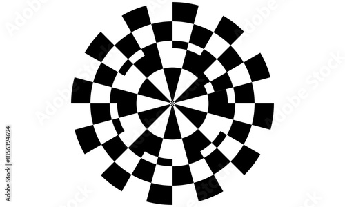 Circle frame with checkered print. Round vignette with checkerboard, race flag or chess game pattern isolated on white background. Chequered ring ornament. Vector graphic illistration.