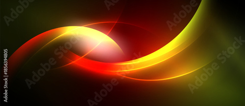 Abstract design features vibrant curves, glowing lines. Red, yellow, green hues blend into dark background. Dynamic composition creates energy.