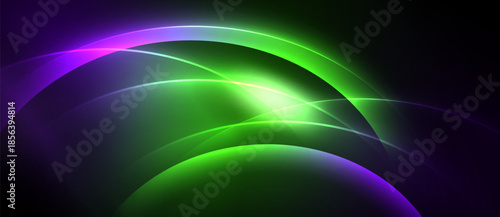 Abstract design features vibrant curves, glowing lines. Purple, green hues dominate dark background. Dynamic composition creates energy.