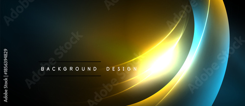 Dark background features vibrant yellow, blue curves. Modern design elements create dynamic visual effect. Text reads background design.