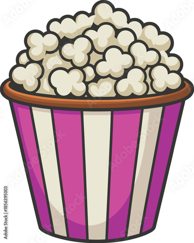Pink popcorn bucket illustration, cute cinema snack icon with striped box, tasty movie food cartoon vector isolated