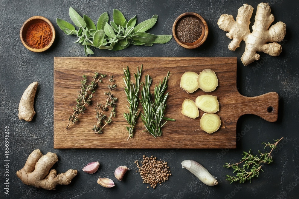 Fototapeta premium Fresh Herbs and Spices on Wooden Cutting Board with Ingredients